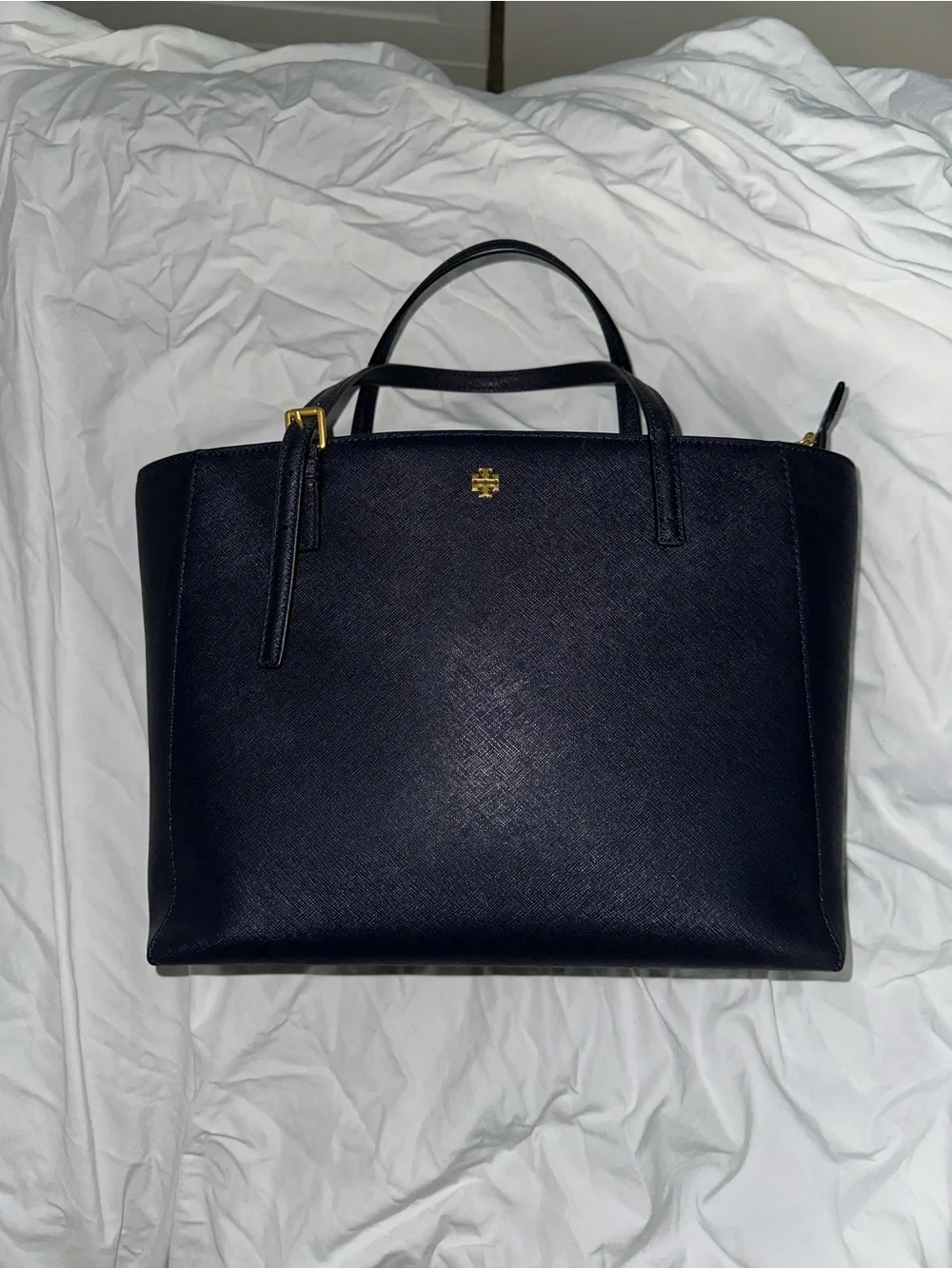 Tory Burch Navy Emerson Small Tote Leather Satchel with Crossbody Strap